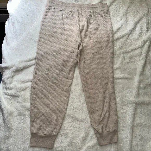 Splendid Waffle Knit Cream Jogger Pants L Drawstring Pockets Neutral Loungewear - Picture 7 of 10